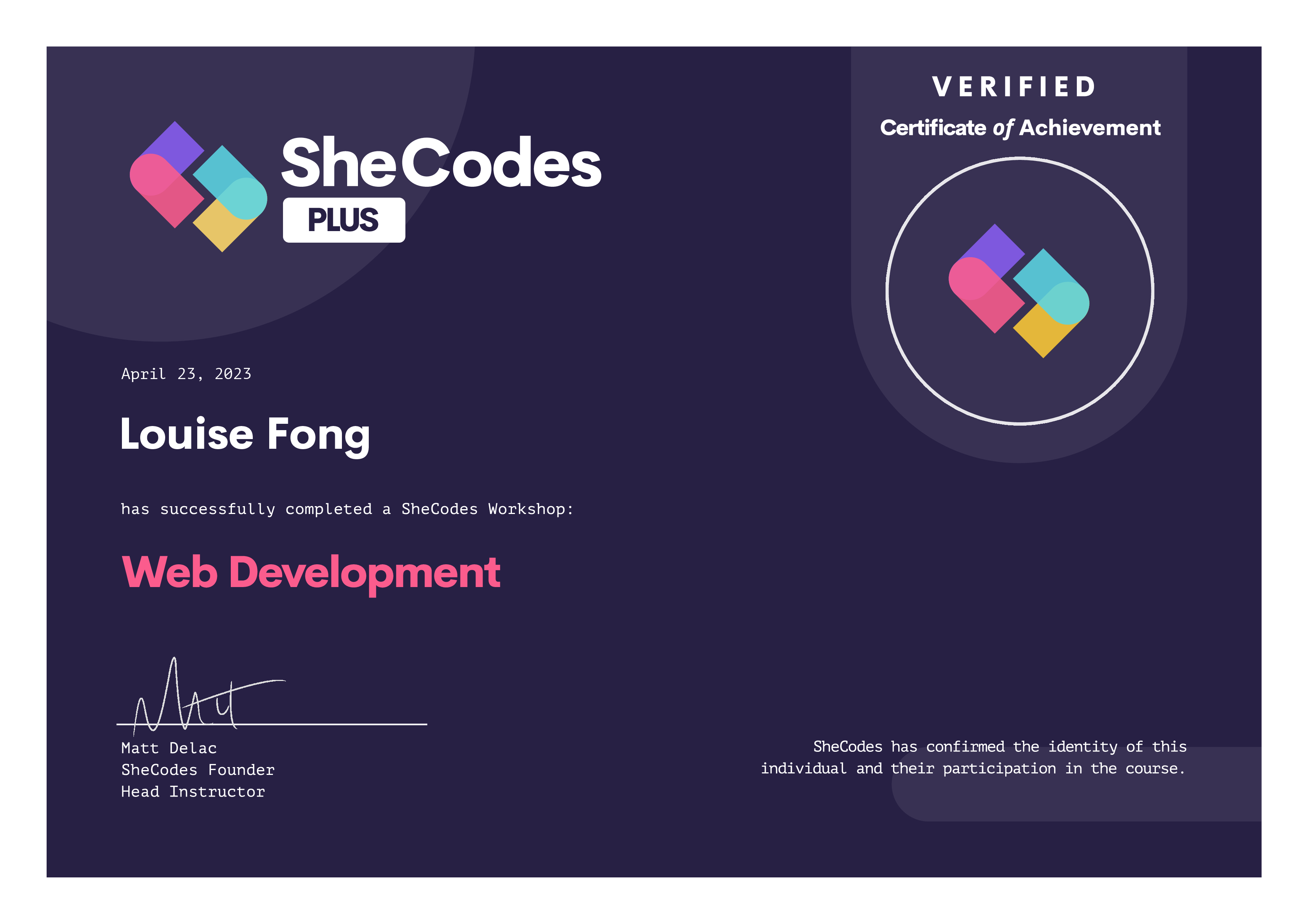 SheCodes Plus Certificate